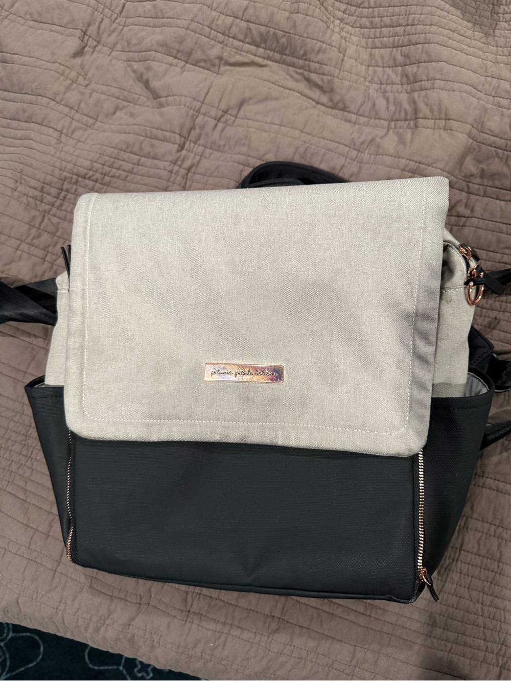Petunia Pickle Bottom Boxy Convertible Backpack with Patterned Pouch Black/Sand